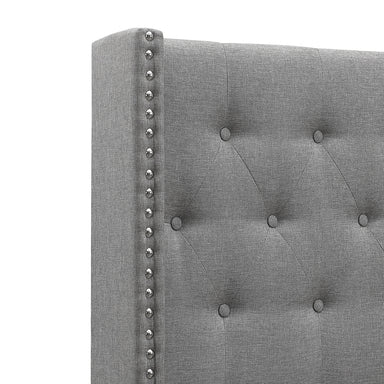 Oliver Upholstered Bed in Light Grey with classic tufted buttons and diamond nail design