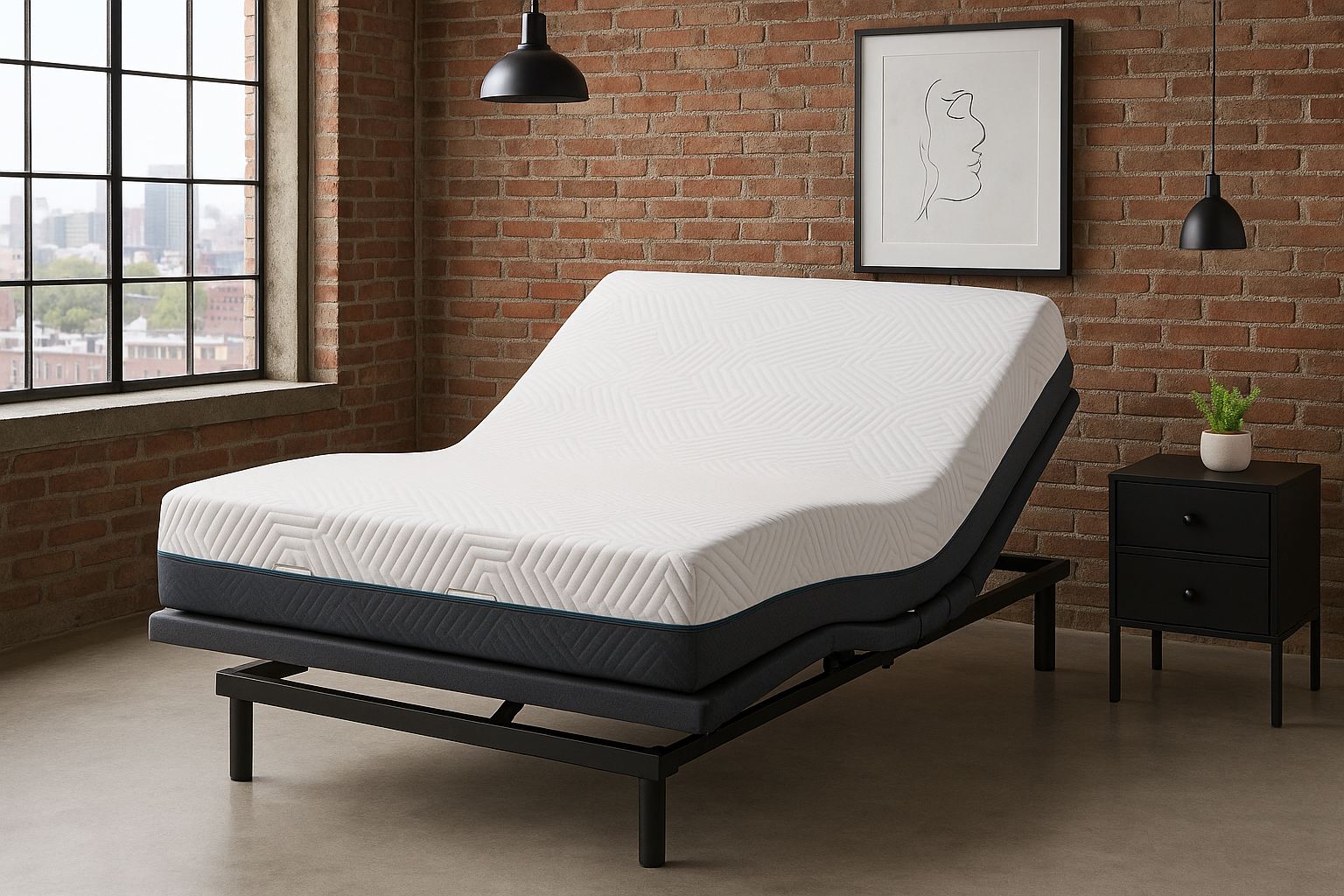 Mattress flexed on adjustable bed in urban chic setting