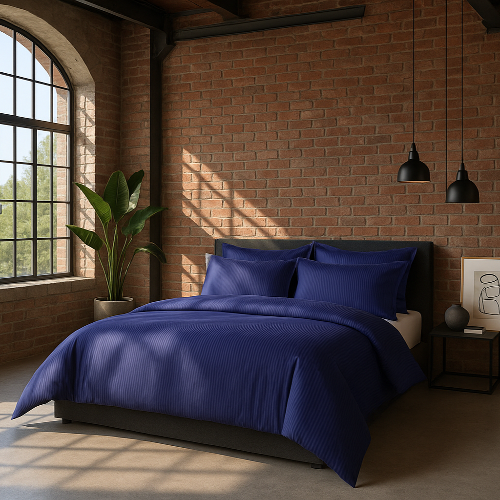 Urban chic loft bedroom with abundant natural lighting and 300 TC Striped Sateen bedding
