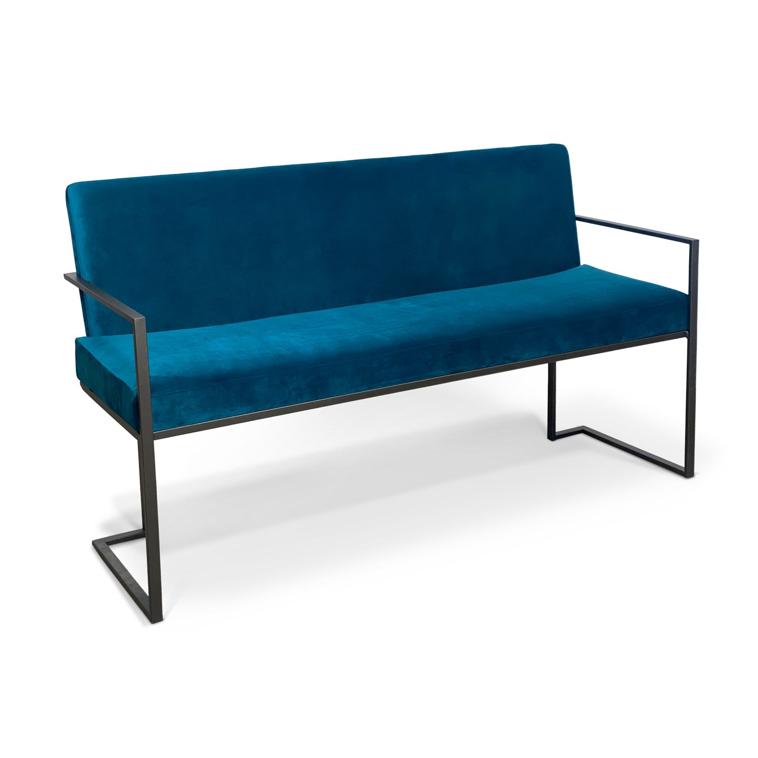 Wesley Allen Marzan Bench featured in a Pebblestone PBS Finish and Upholstered with Premium Royal Teal Fabric.