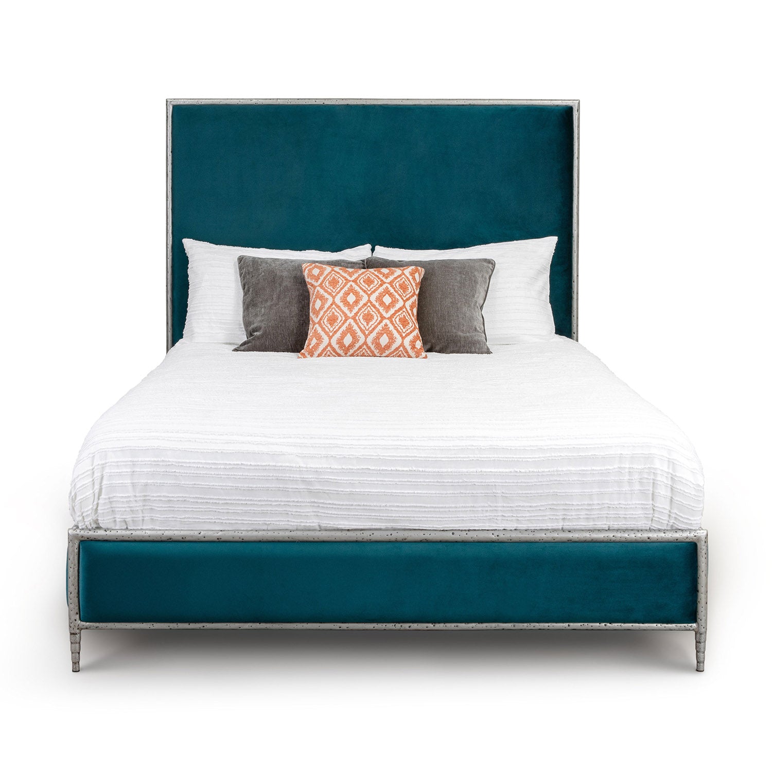 Wesley Allen Royce Surround Bed in Royal Teal and Hamerred Silver Finish.