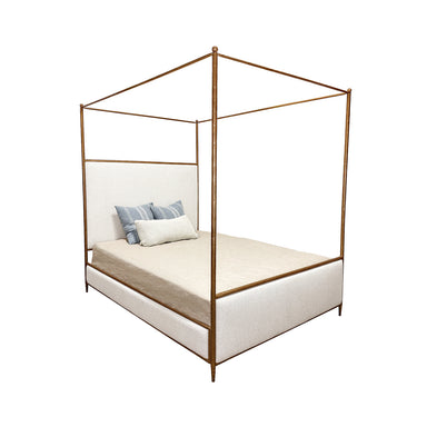 Wesley Allen Royce Upholstered Canopy Iron Bed in Royal White and Hammered Brass Finish