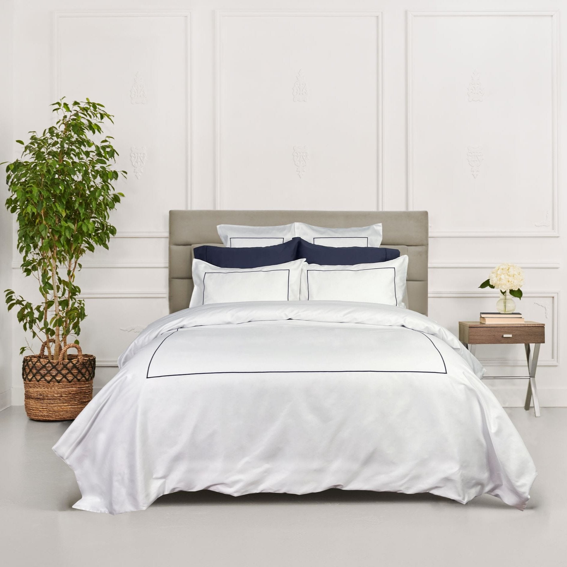 The Hotel White Collection with Marine Blue Satin Stitch from Luxurious Beds and Linens.