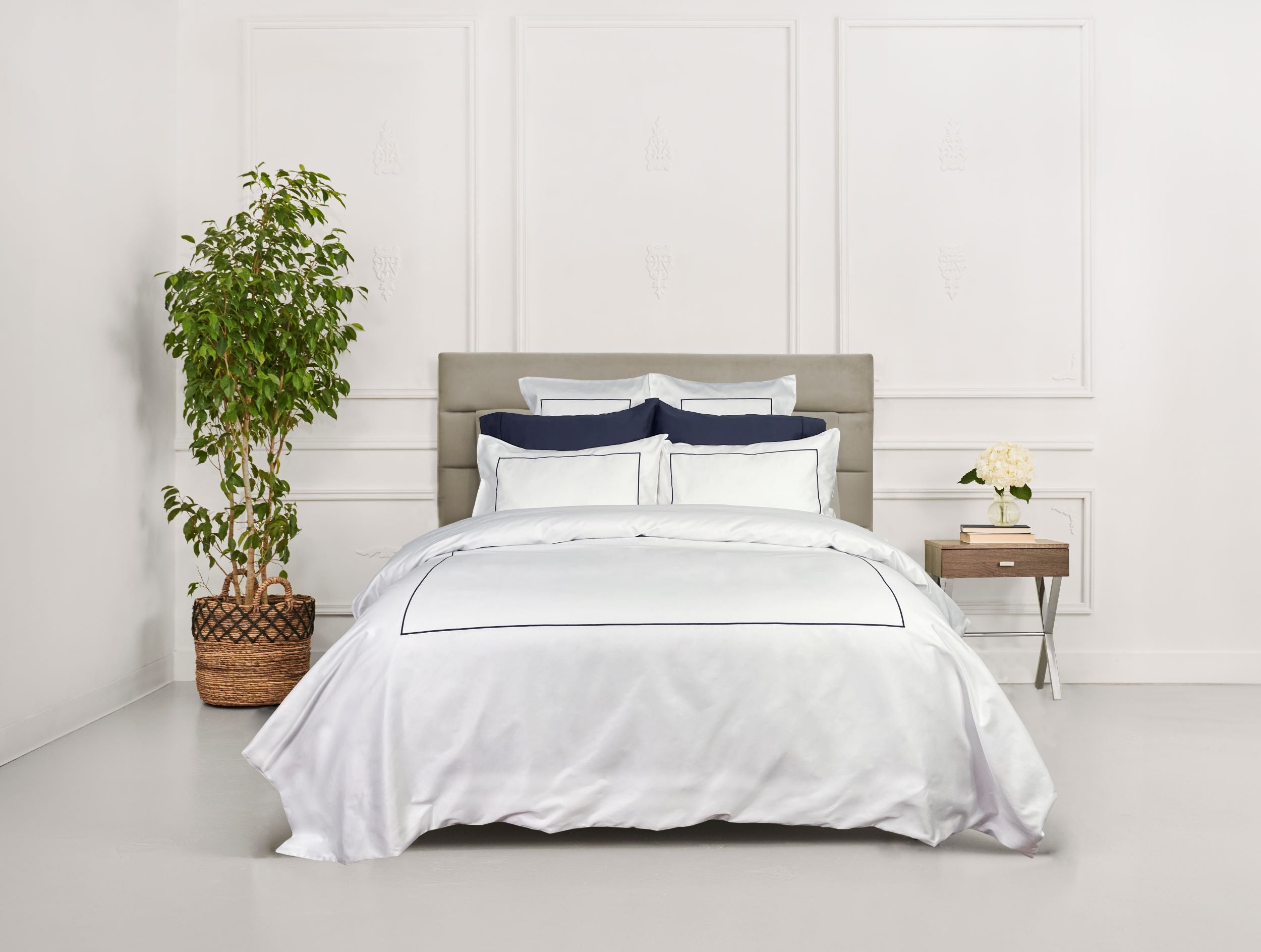 Hotel White Duvet Cover with Marine Satin Stitching at Luxurious Beds and Linens.