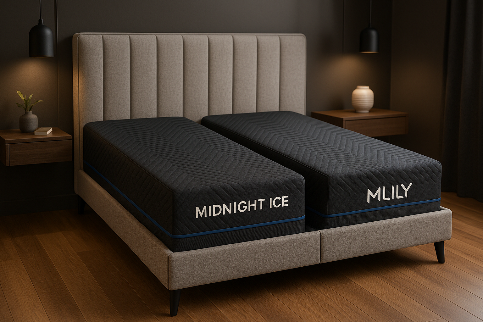 Split King Midnight Ice 1.0 Adjustable Bed Package in Firm by MLILY with Luxe 250 Adjustable Bed.