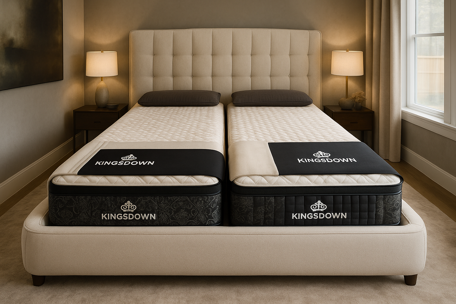 Kingsdown mattresses on luxury upholstered bed frame in modern master bedroom