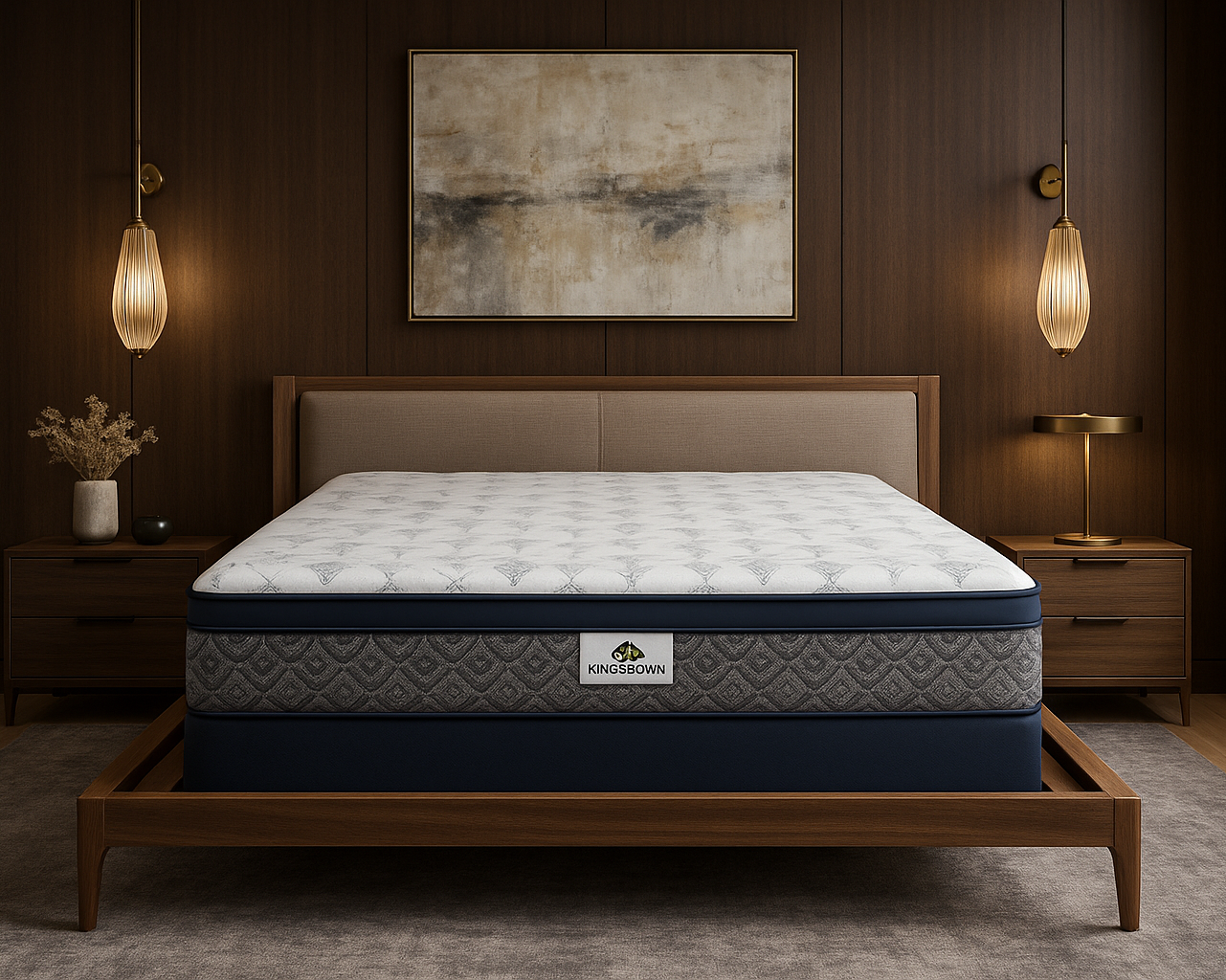 Luxury bedroom with Kingsdown mattress on platform bed
