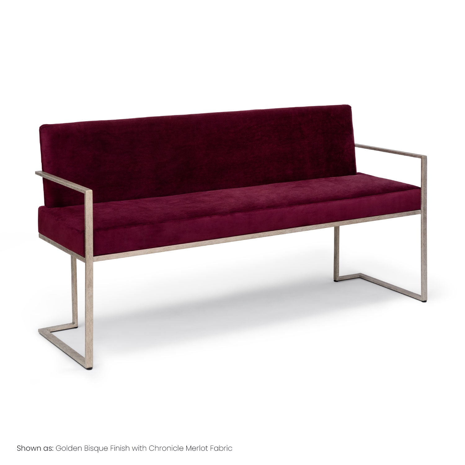 Wesley Allen Marzan Bench featured in a Golden Bisque Finish and Upholstered with Premium Chronicle Merlot Fabric.