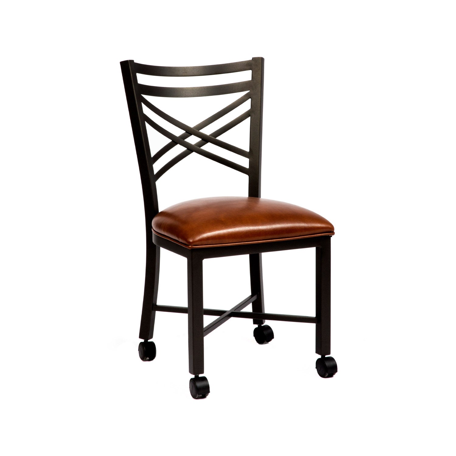 Wesley Allen Raleigh Chair with Yosemite Chestnut Vinyl and a Matte Black Finish with Casters.