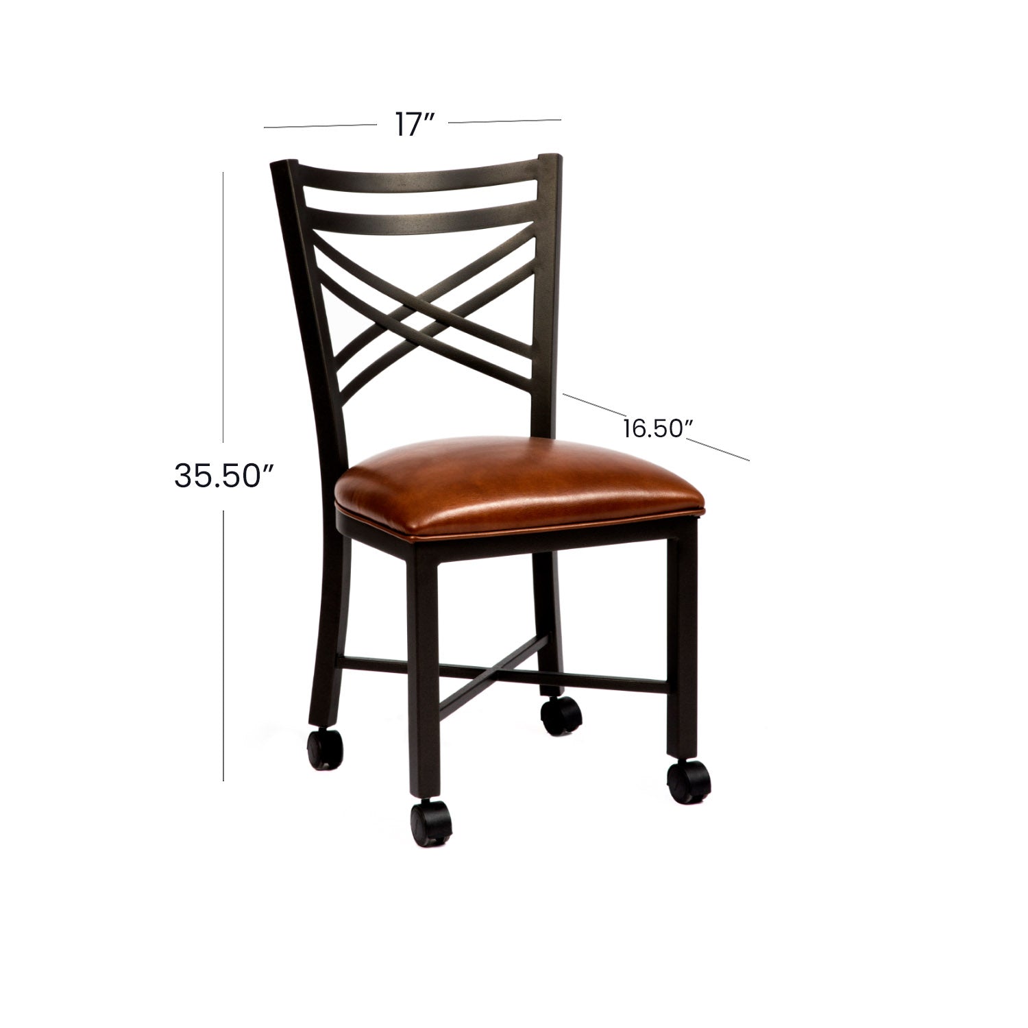 Wesley Allen Raleigh Chair with Yosemite Chestnut Vinyl and a Matte Black Finish. Casters and Dimensions