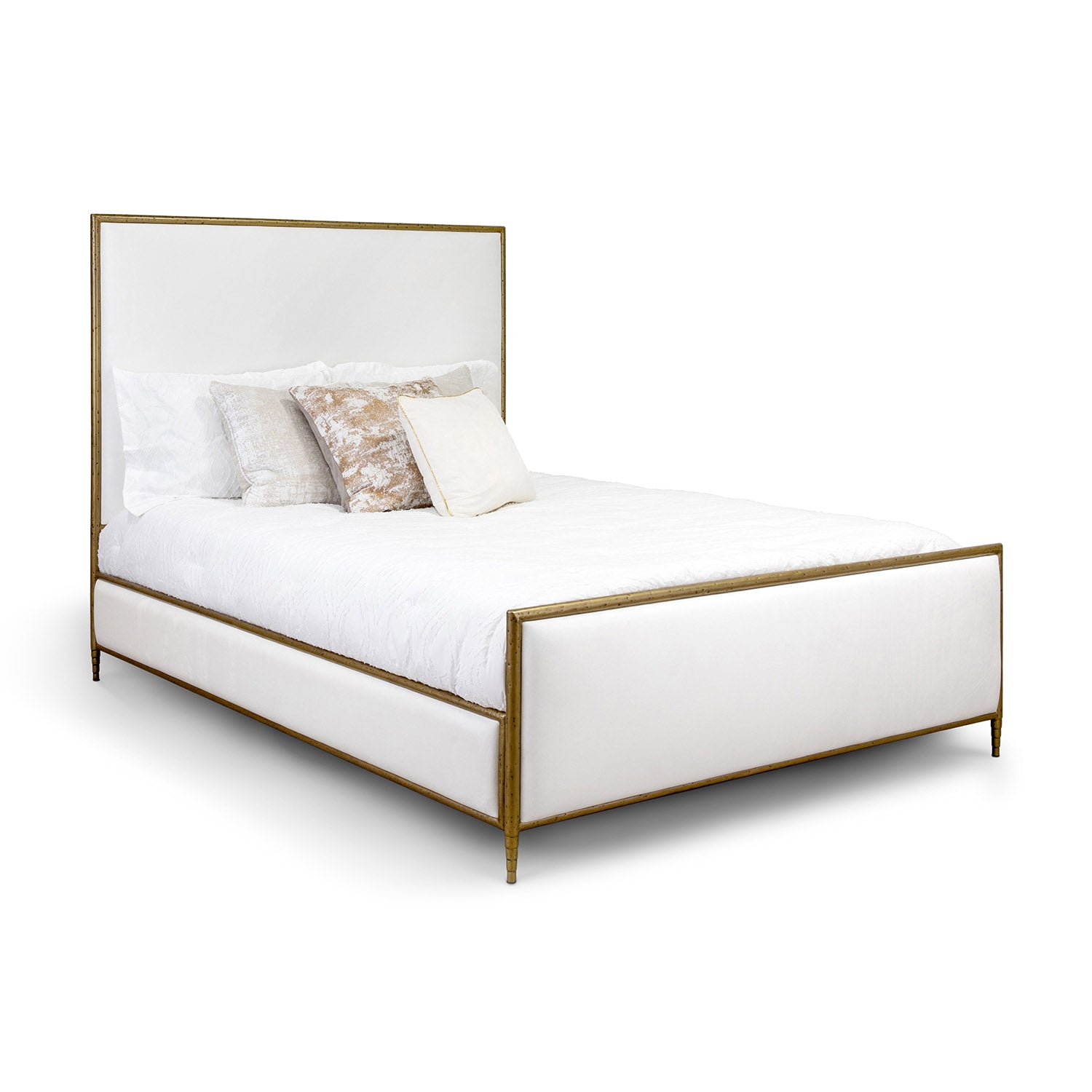 Royce Upholstered Iron Bed in Royal White Fabric and Hammered Brass Finish by Wesley Allen