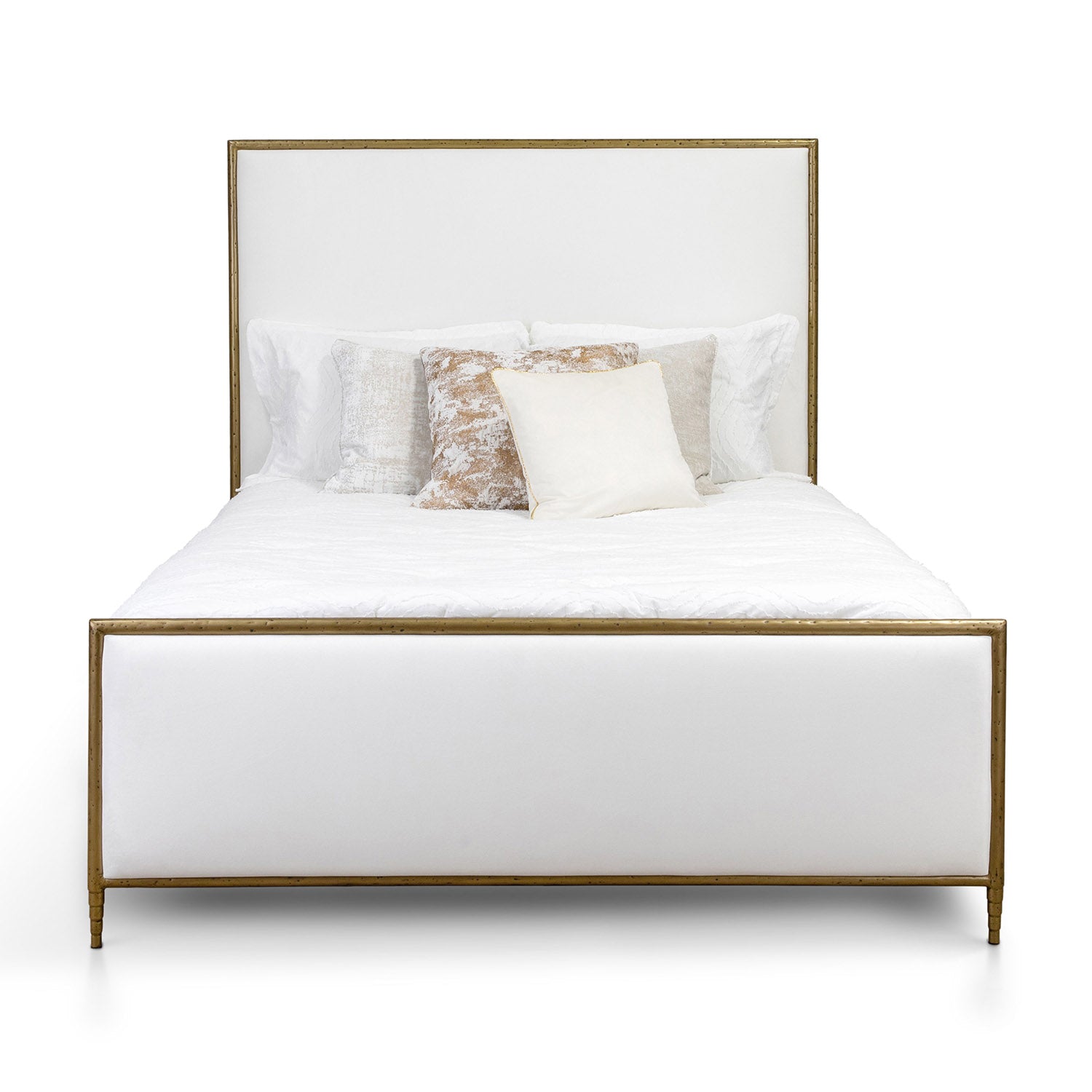 Wesley Allen Royce Complete Bed with High Foot Board in Royal White and Hammered Brass Finish.