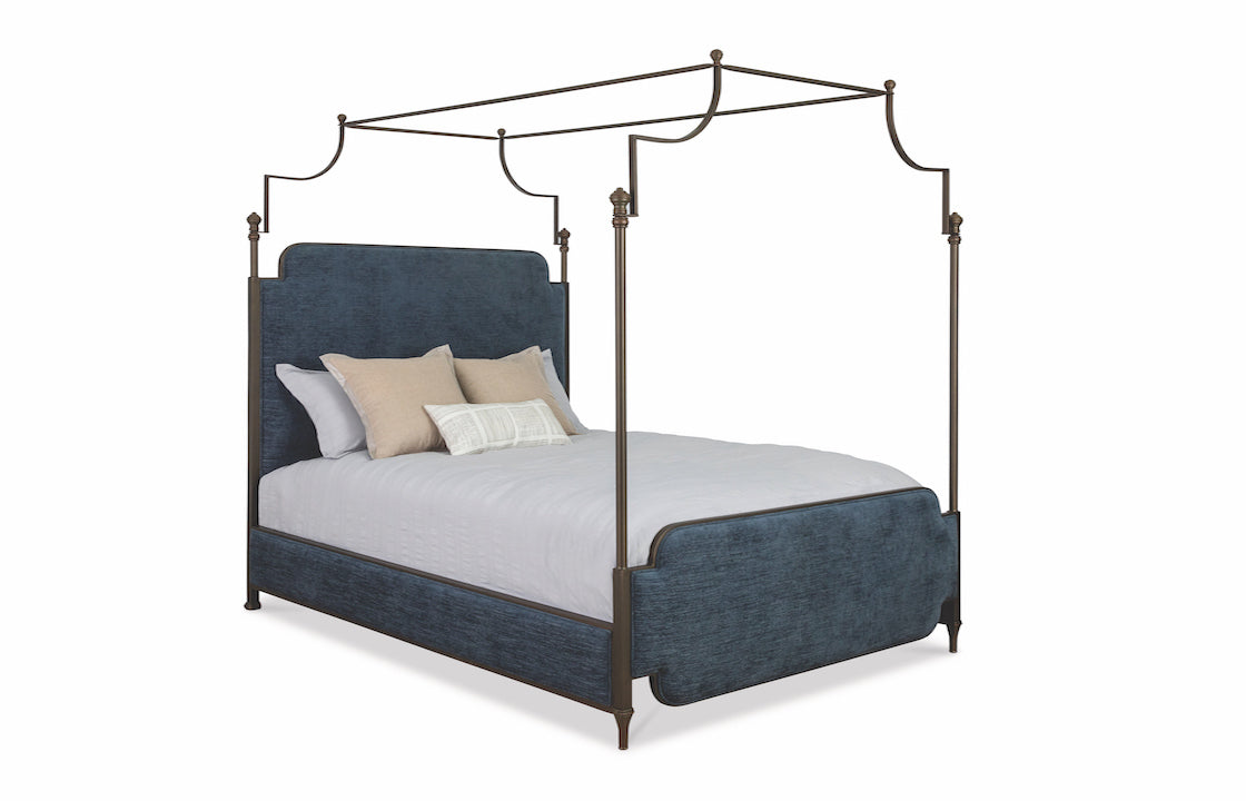 Kenton Canopy Upholstered Bed by Wesley Allen in Old Copper Finish and Archer Navy Fabric
