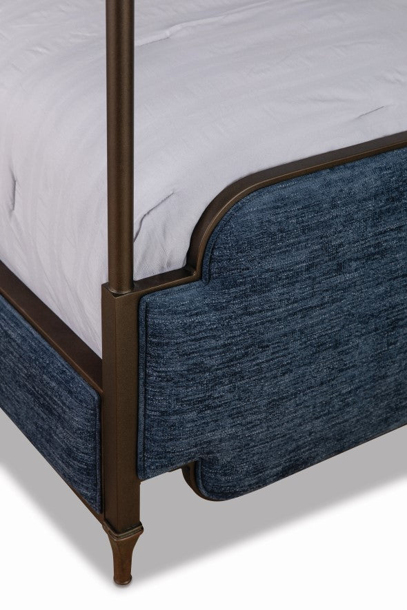 Kenton Canopy Upholstered Bed by Wesley Allen in Old Copper Finish and Archer Navy Fabric